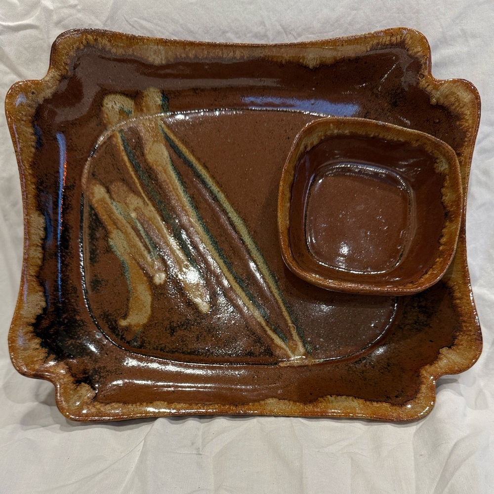 Artistic Brown Ceramic Platter and Bowl Set